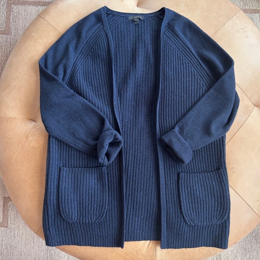J.Crew 100% Wool Navy Cardigan Chunky Ribbed Fisherman Coastal Preppy Women S